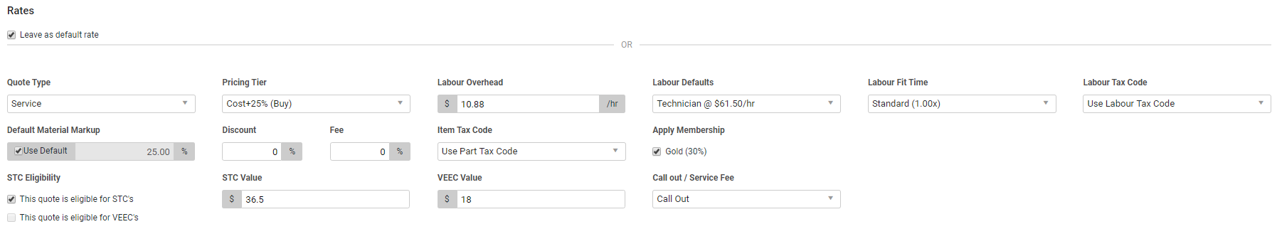 A screenshot of the Optional tab in a service quote.